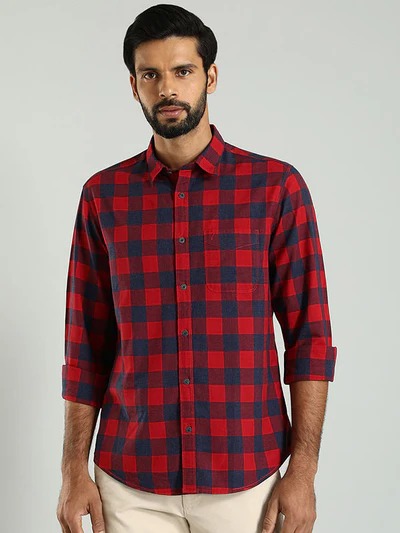 Indian Terrain Men's Regular Fit Full Sleeve Checkered Red Shirt
